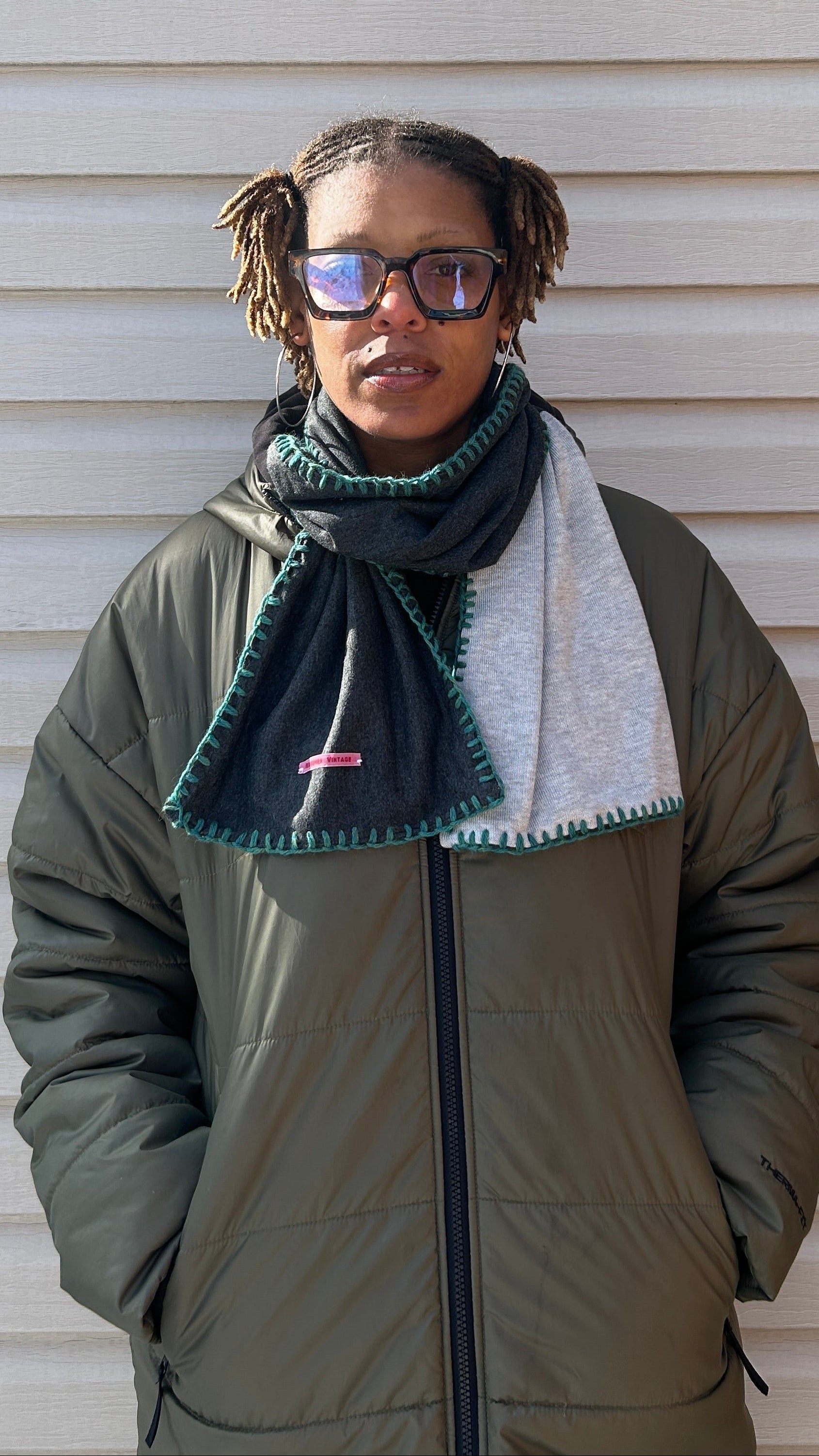 Patchwork Scarf with Green Embroidery