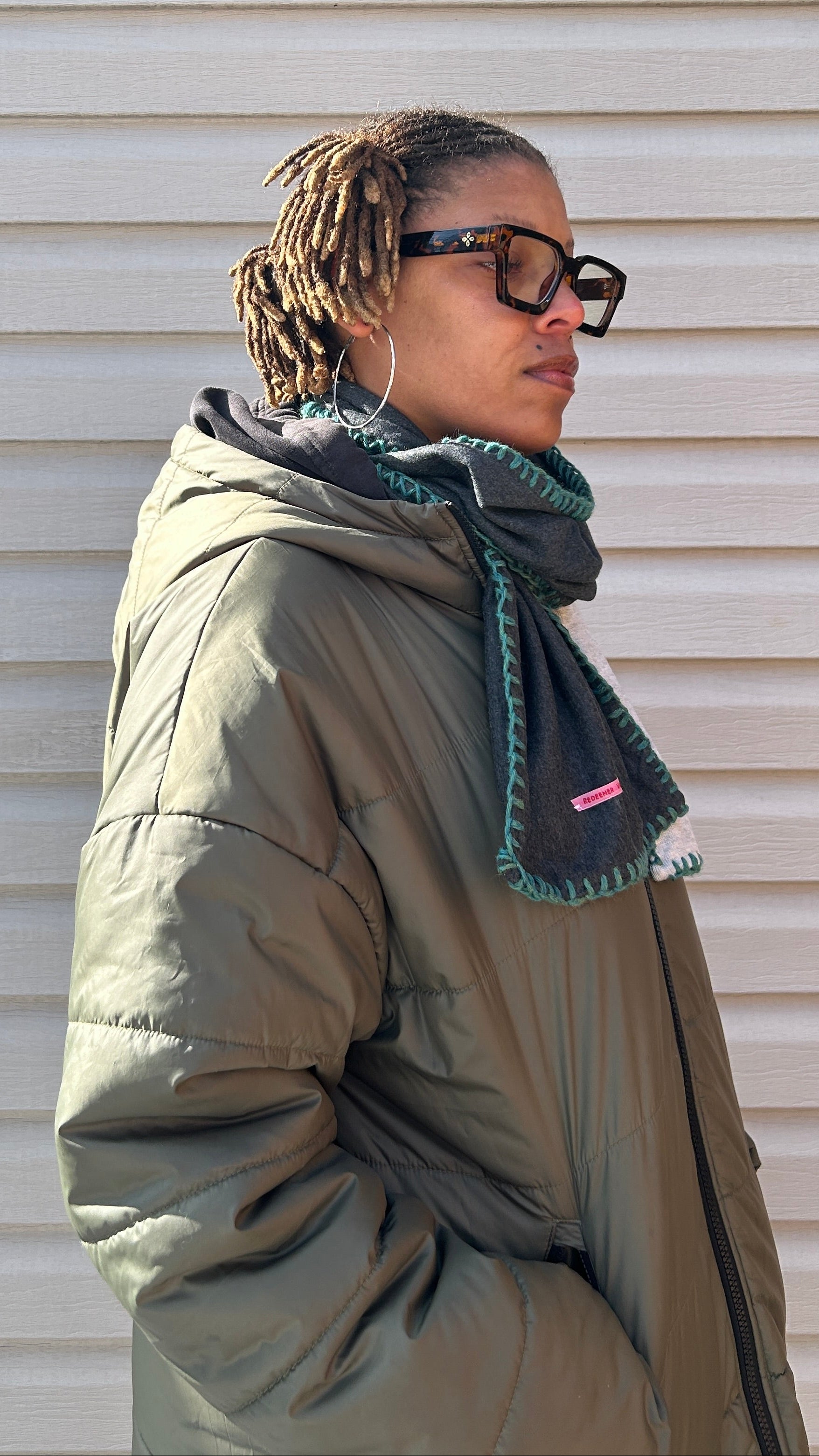 Patchwork Scarf with Green Embroidery